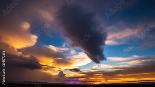 Epic cloud formation with sunlight and rain at sunset creates awe-inspiring celestial scene