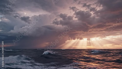 Epic ocean waves under dramatic sky with storm clouds and sun rays during a beautiful sunset