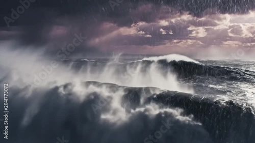 Epic ocean storm with crashing waves under a dramatic sky filled with dark rain clouds and a dramatic glow.