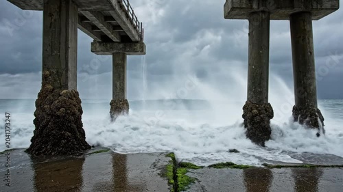 Dramatic ocean waves crash against weathered concrete pier supports under a stormy, overcast sky