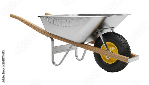 A silver metal wheelbarrow with wooden handles and a black tire on a transparent background