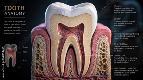Detailed firefly realistic tooth anatomy illustration showcasing enamel and nerve layers in high definition for educational purposes in a laboratory setting
