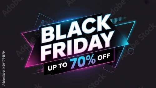 Black Friday sale banner with neon glowing typography and up to 70 percent discount