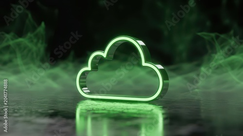 Neon green glowing cloud icon on dark reflective surface