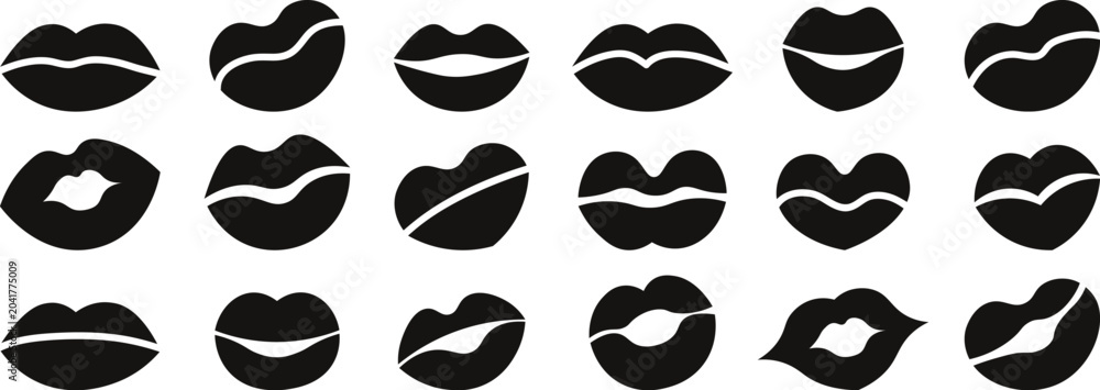 Fototapeta premium Black lip kiss mark collection with creative flat solid lipstick shape graphic elements for beauty design