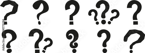 Black silhouette cartoon question mark collection with bold interrogation symbols for quiz game faq template