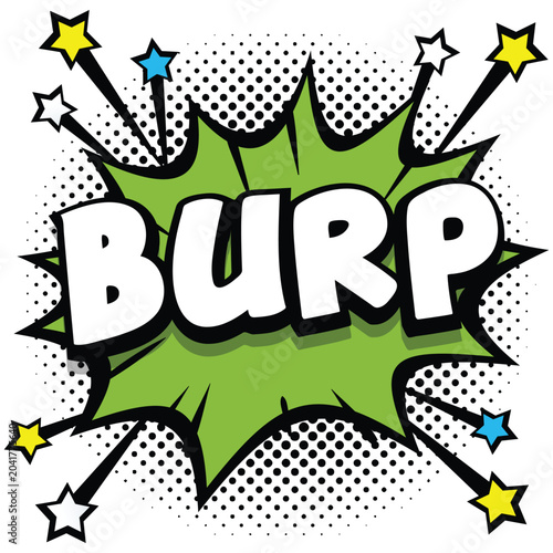 Tableau sur toile Cartoon Burp Speech Bubble with Green Explosion and Stars in Retro Comic Style