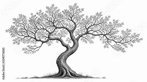 Detailed black and white sketch of an ancient olive tree with a twisted trunk on a white background.