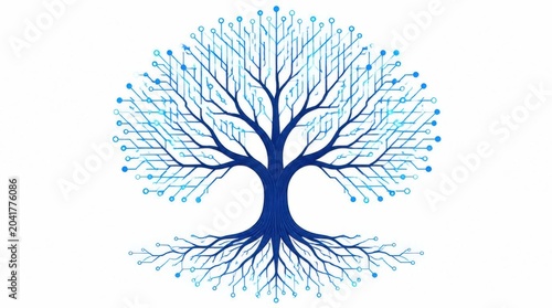Digital technology tree concept with circuit board branches and roots on white background.