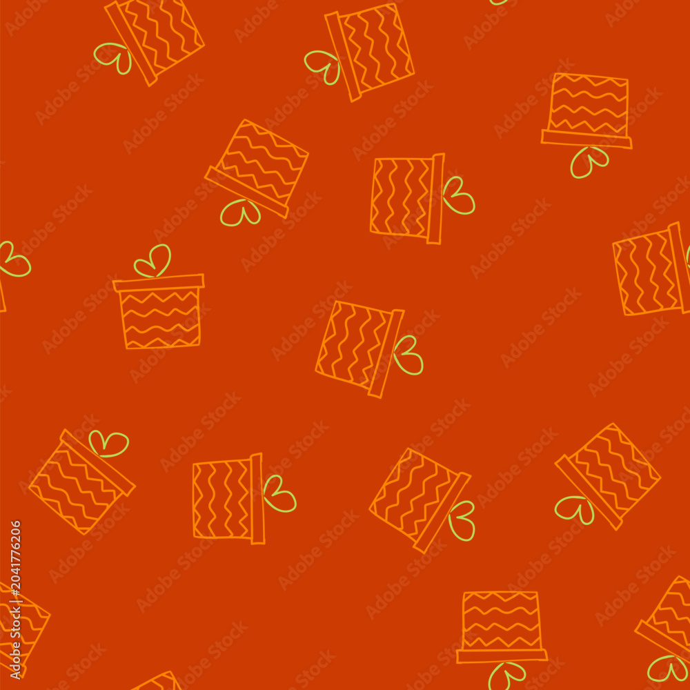 Obraz premium pattern hand drawn gift box with vibrant orange line pattern and green heart shaped bow, simple doodle style vector icon evoking love, celebration, giving, and special occasions