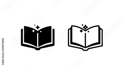 Enchanted Open Book Icon Symbolizing Knowledge, Magic, and Creative Storytelling: Simple Glyph and Outline Vector Illustration