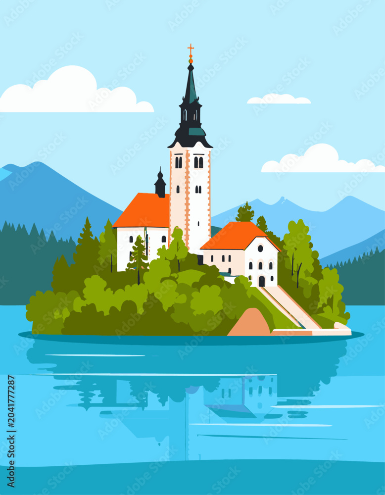 Naklejka premium Lakeside island church with steeple, serene water reflection, distant mountains, and fluffy clouds