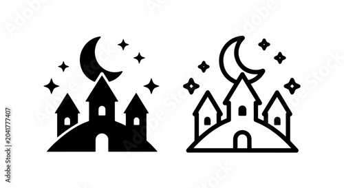 Foto Fairy tale castle icons with moon and stars in solid and outline style for fanta
