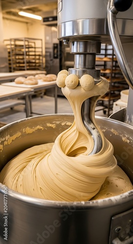 Close-up of dough mixing in a commercial bakery machine.
