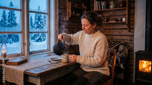 A woman in a knit sweater sits at a wooden table pouring hot liquid from a black kettle into a mug, inside a log cabin with a wood-burning stove and a frosted window showing winter trees.