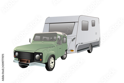 Caravane tractée par véhicule de collection tout-terrain, de profil