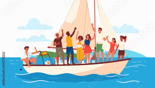 Diverse group of friends enjoying a sunny day sailing on the ocean