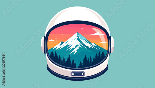 Fotografi Astronaut helmet reflecting a snowy mountain landscape with pine trees