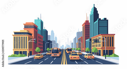 Busy city street with yellow taxis and buses, lined with colorful buildings