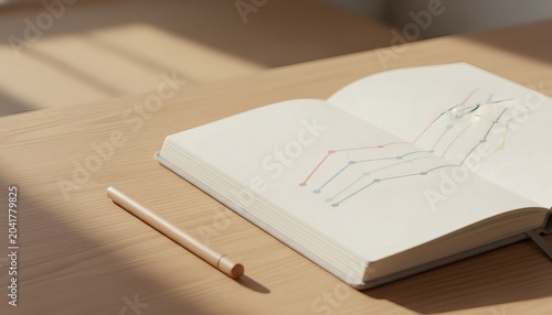 Open notebook with a progress chart for mood tracking on a wooden desk, symbolizing a mental health concept for emotional well-being and psychological self-care