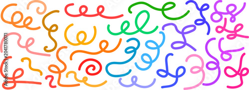 Colorful hand drawn curly ribbon swirl collection with abstract wavy spiral line stroke shapes for pattern design