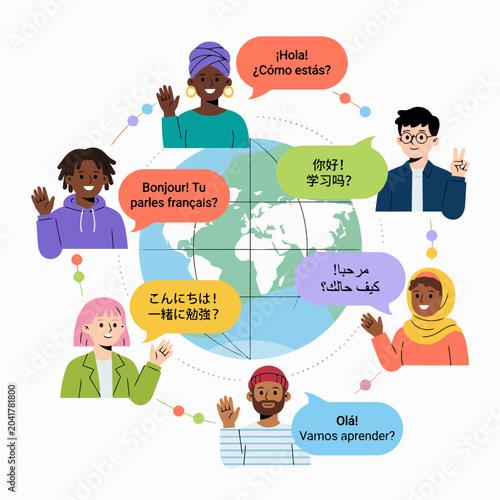 Diverse people communicating in different languages around the world