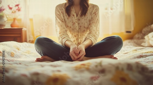 woman sitting on bed in peaceful pose