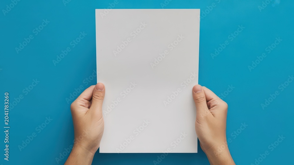 Obraz premium Hands holding a blank white sheet of paper on blue background
