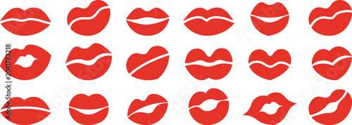 Red lip kiss mark collection with creative flat solid lipstick shape graphic elements for beauty design