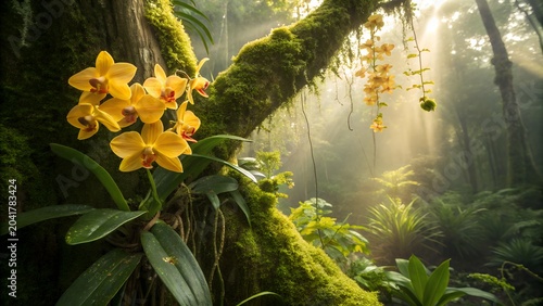 Yellow orchid flowers on mossy tree in tropical rainforest with tropical rainforest sunlight botanical branches environment sunbeams atmosphere colorful wilderness woodland conservation