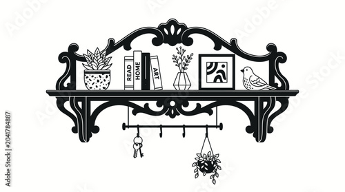 Fotografie Decorative black wrought iron shelf.