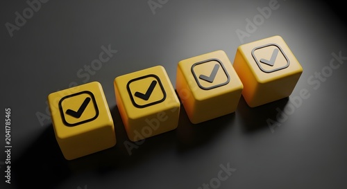 Four yellow cubes with black checkmarks in square frames on a dark background tick