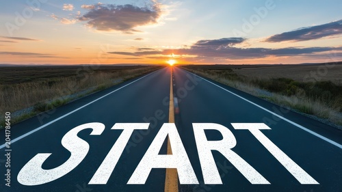 Start word painted on empty highway road at sunrise