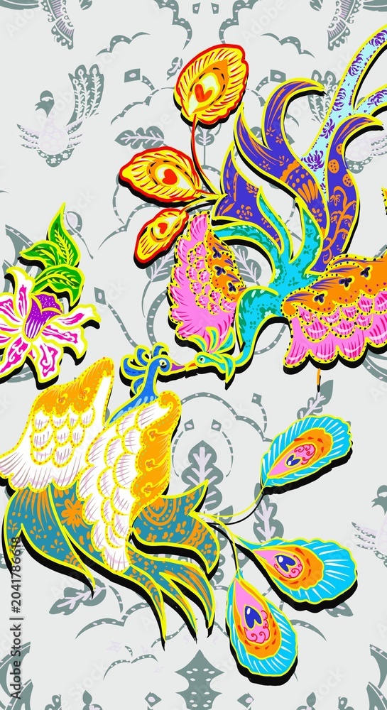 Fototapeta premium Bird couple. Batik style. Wedding invitation.