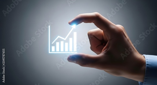 Hand holding glowing blue bar graph with upward trending arrow image