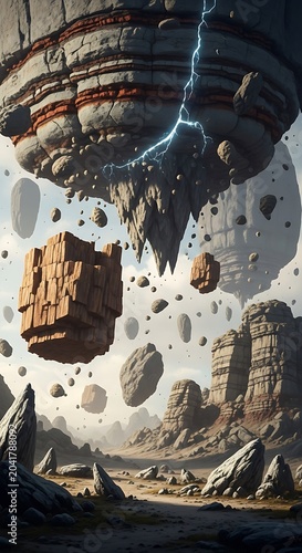 Surreal Floating Island Landscape with Rocky Terrain and Lightning.