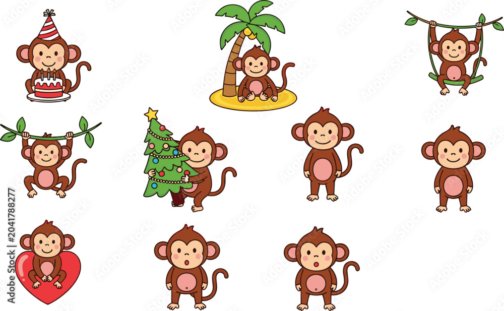 Fototapeta premium Cute Cartoon Monkey Character Collection Featuring Birthday, Christmas, Love, Swinging, Tropical Island, and Adorable Animal Illustrations