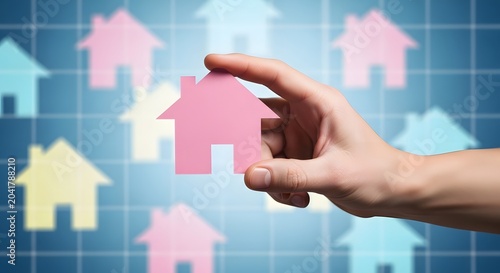 Hand holding pink paper house symbol against grid of colorful house icons image