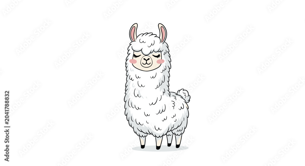Naklejka premium Charming illustration of a fluffy white llama standing with its eyes closed in a calm and peaceful posture.