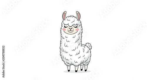 Charming illustration of a fluffy white llama standing with its eyes closed in a calm and peaceful posture.