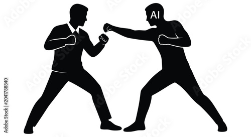 Fotografie Man versus machine a silhouette depicts a fight between human and ai