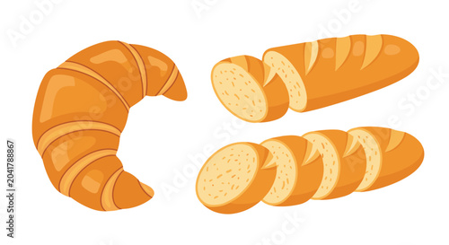 Set of freshly baked bakery products including a golden croissant and two types of sliced French baguette loaves.