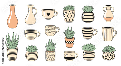 Extensive collection of hand drawn potted succulents, ceramic vases, and decorative mugs in a cohesive art style.