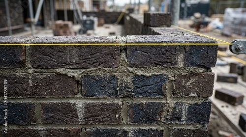 Bricklayer building dark brick wall at construction site using string line for alignment. Professional masonry technique for level construction industrial project and architecture.