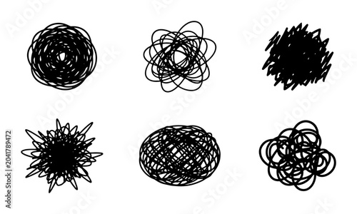 Schilderij op canvas Set of six black scribbled messy chaotic circles and blobs on a white background