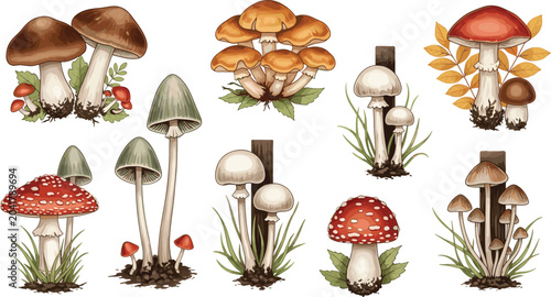 Tableau sur toile Vintage Forest Mushroom Illustration Collection Featuring Wild Woodland Fungi, B