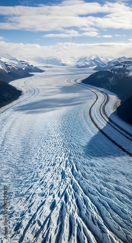 Aerial view of a stunning glacier flowing through a mountain valley under a blue sky.