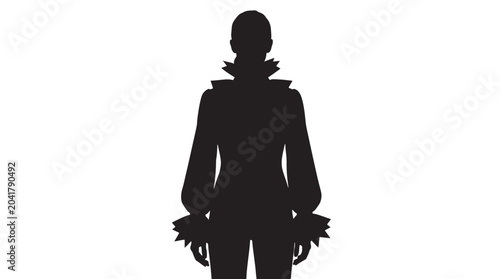 Fotografie Starlight Ruffle Blouse Silhouette, Woman wearing a sophisticated blouse with dramatic ruffled collar and cuffs standing white background, Editable Vectors Strokes Illustrations Silhouettes