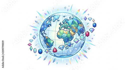 Quadro em tela Earth globe surrounded by sparkling gemstones and crystals.