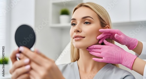 Aesthetician examining skin of woman in clinic